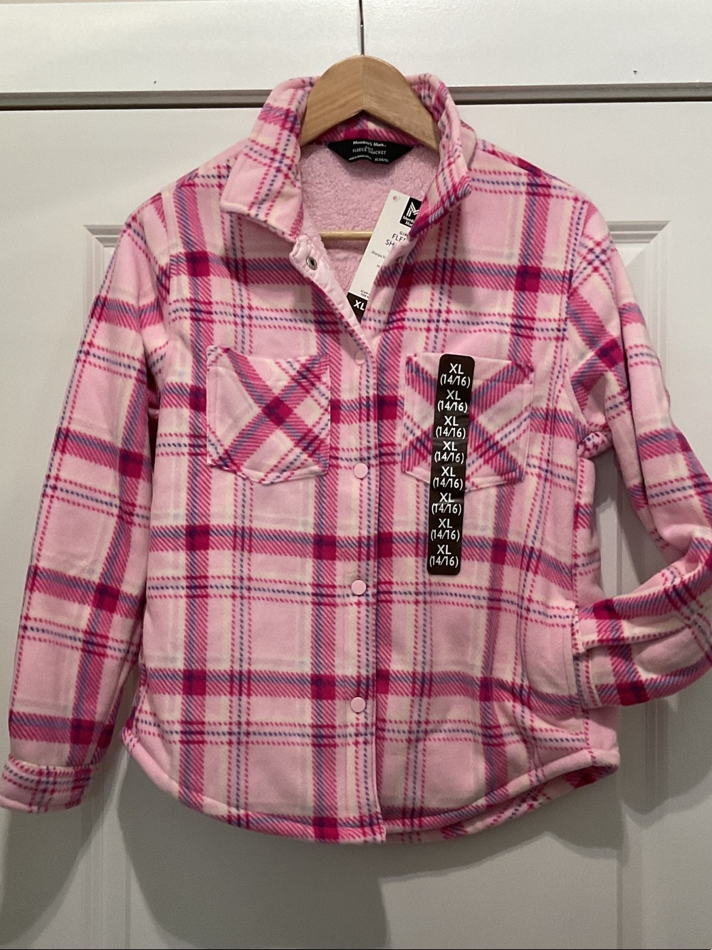 Girls Pink Plaid Fleece Button-Down Shirt Jacket